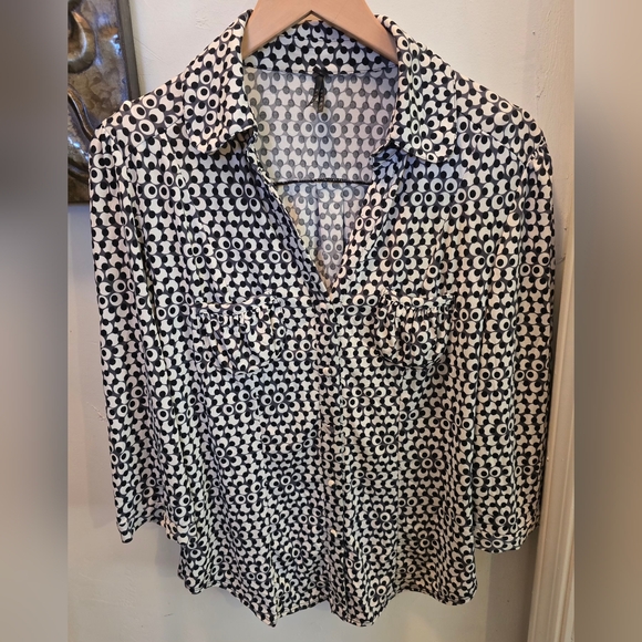 Lapis Tops - Lapis Black Cream Button Down Shirt Large